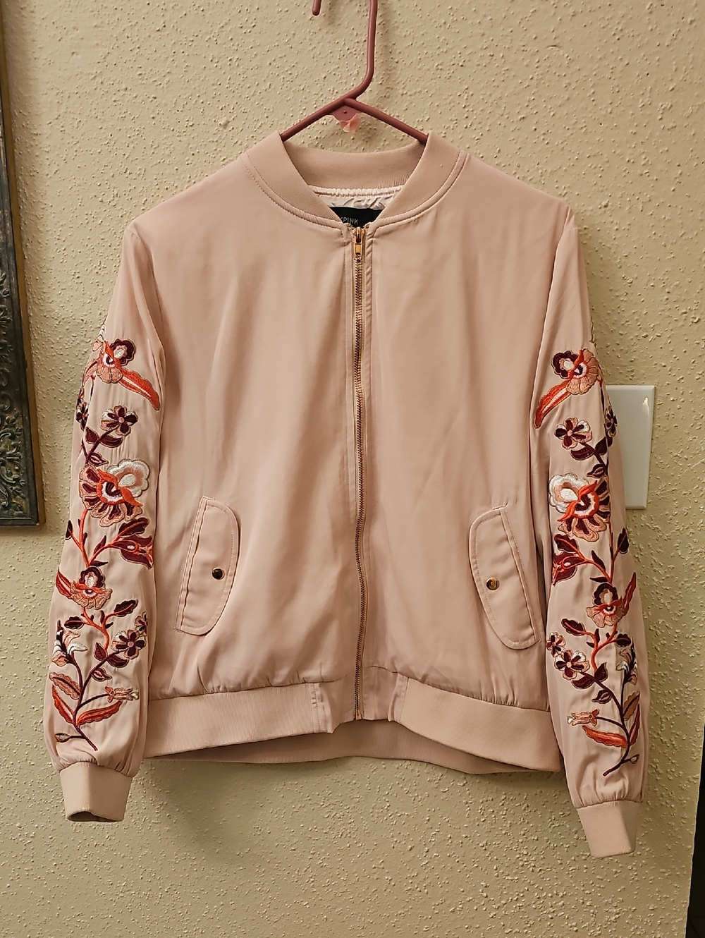 MINKPINK Pale Pink Embroidered Sleeve Bomber Jacket